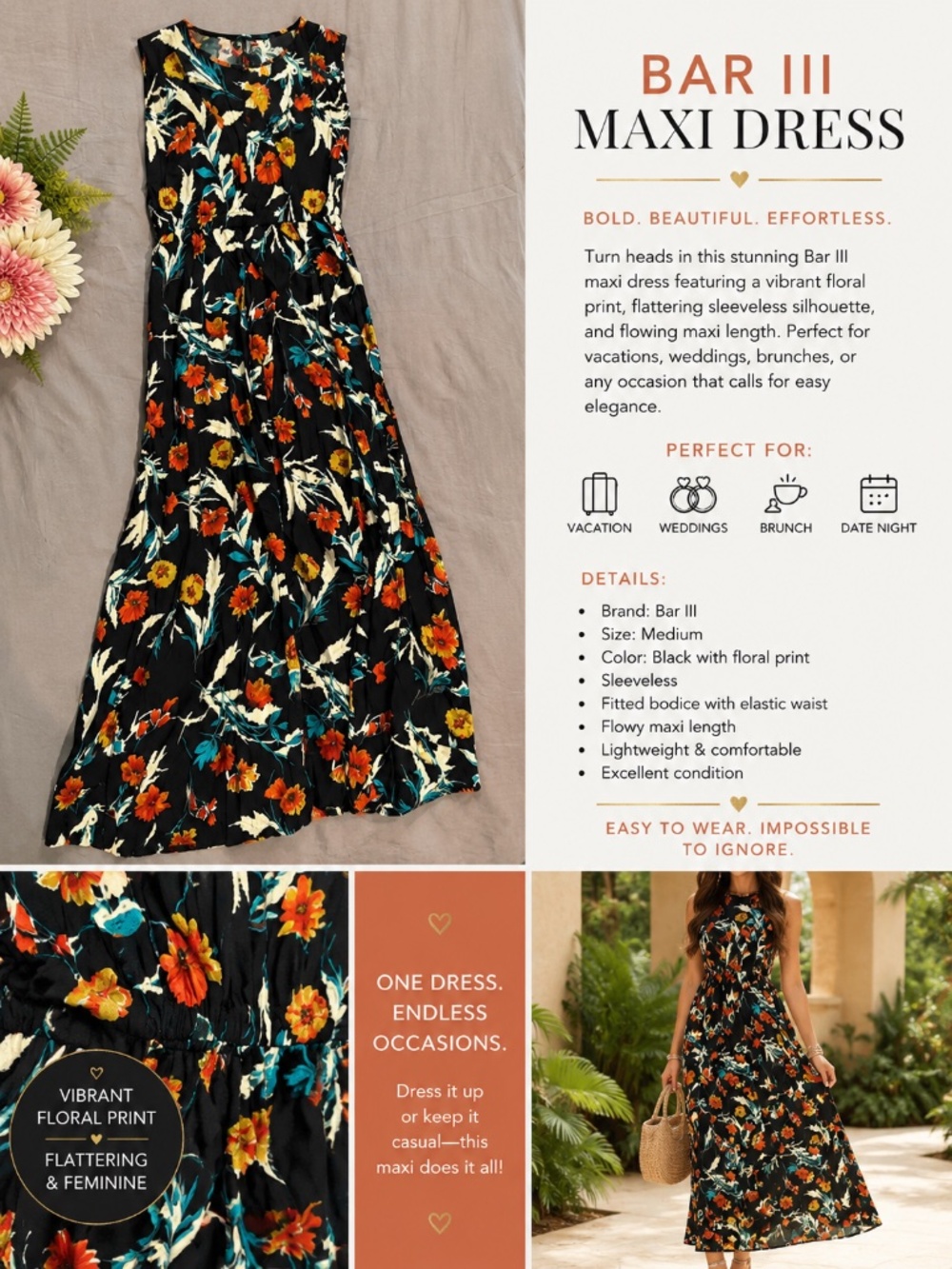 Bar III Floral Maxi Dress Size Medium | Sleeveless Summer Dress